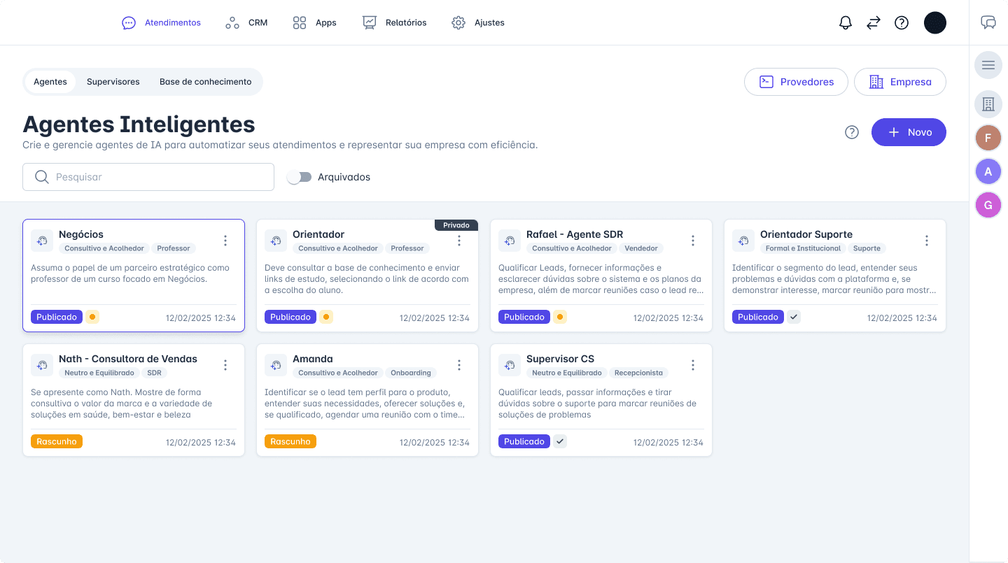 Painel de Agentes Inteligentes da BLU, com cards de agentes configurados para cada função