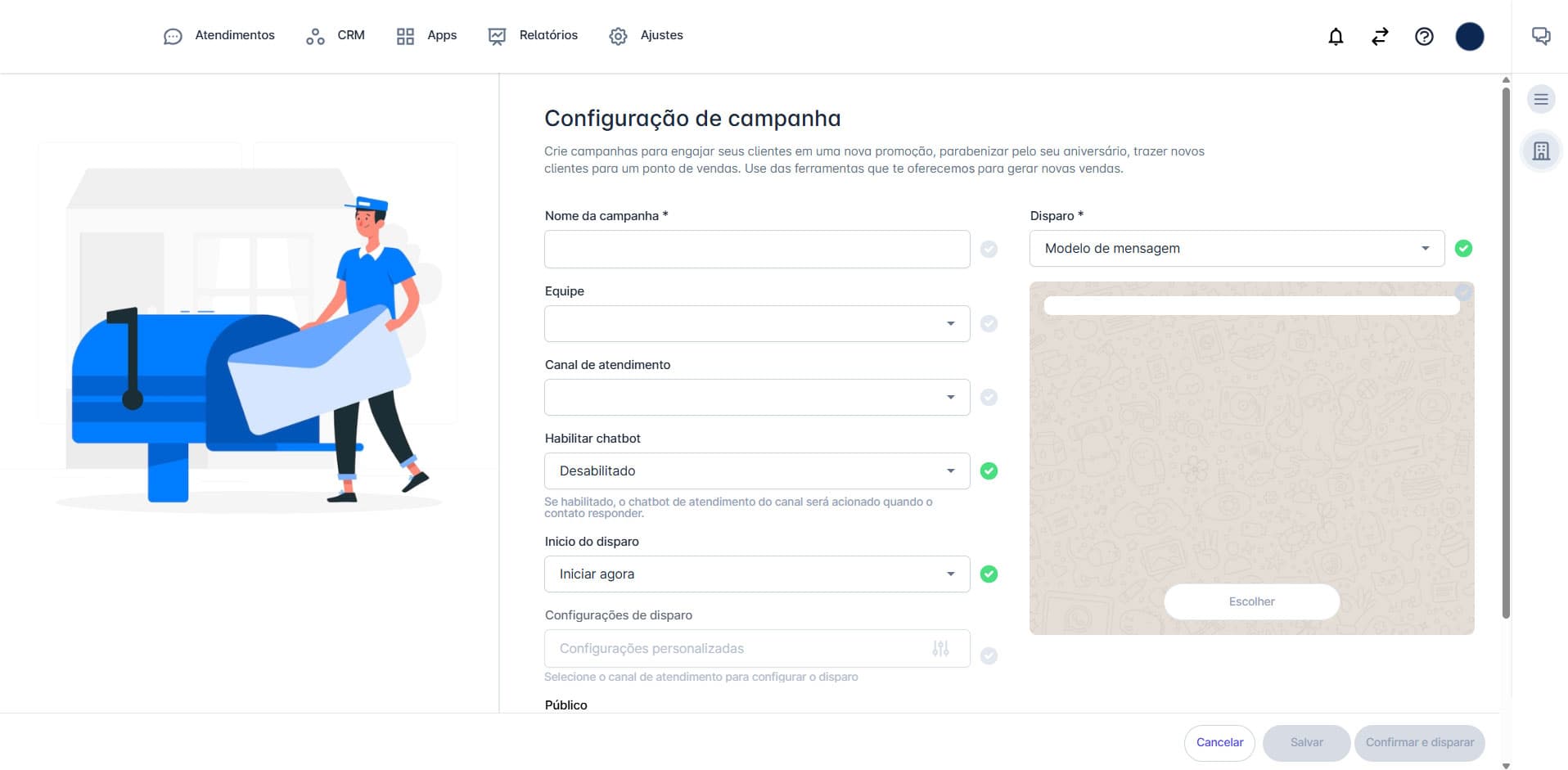 Tela de configuração de campanha de disparo em massa da BLU